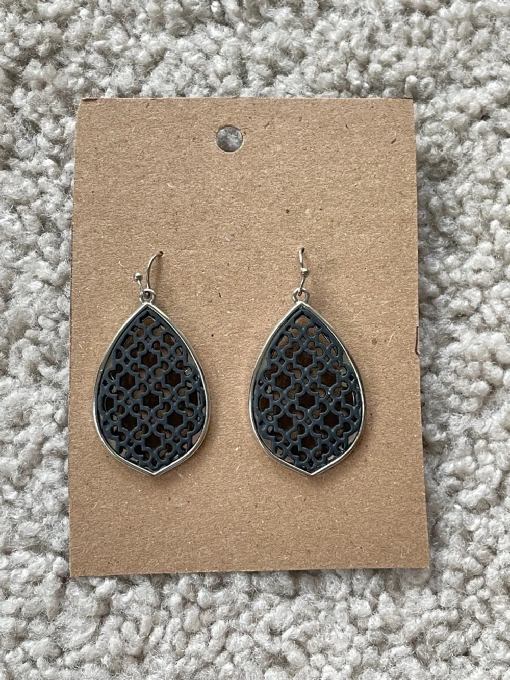 Boutique Teardrop Black Filigree Silver Toned Boho Drop Hook Dangle Earrings